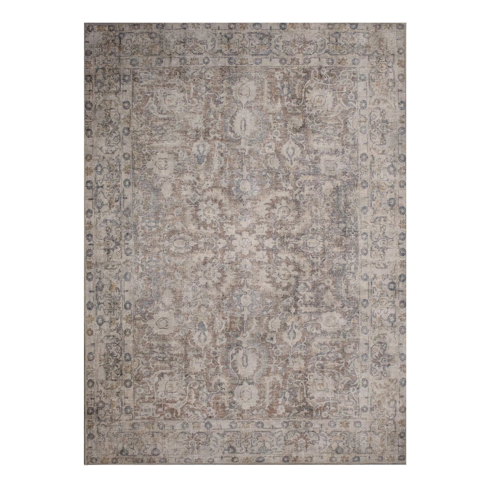 A multicolored flatwoven area rug with a geometric pattern, featuring various shades of gray, beige, and brown.