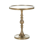 A round aluminum end table with antique brass finish, featuring a single pedestal leg.