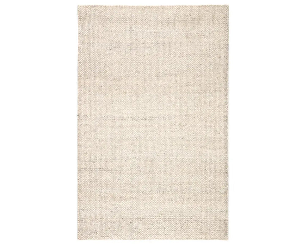 A rectangular area rug in ivory and gray colors, handwoven from 100% polyester yarn.