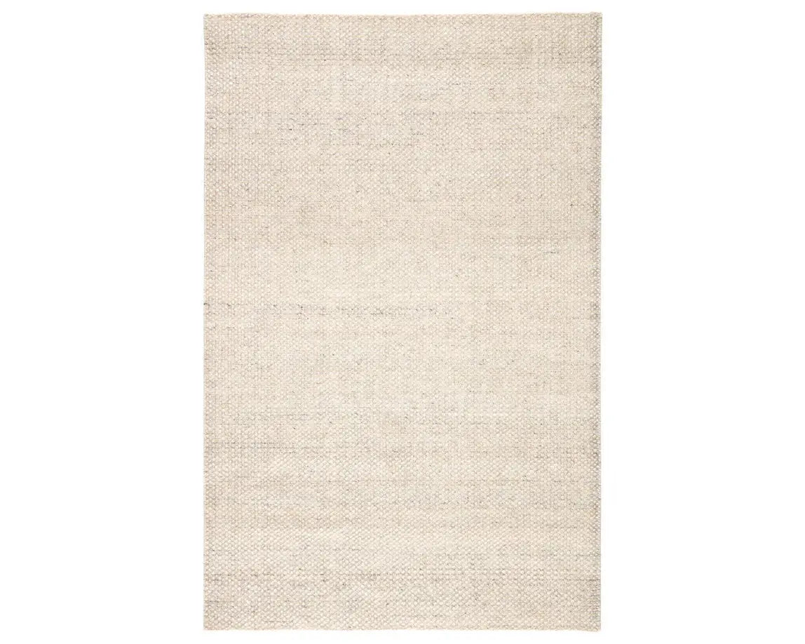 A rectangular area rug in ivory and gray colors, handwoven from 100% polyester yarn.