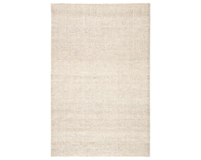 A rectangular area rug in ivory and gray colors, handwoven from 100% polyester yarn.