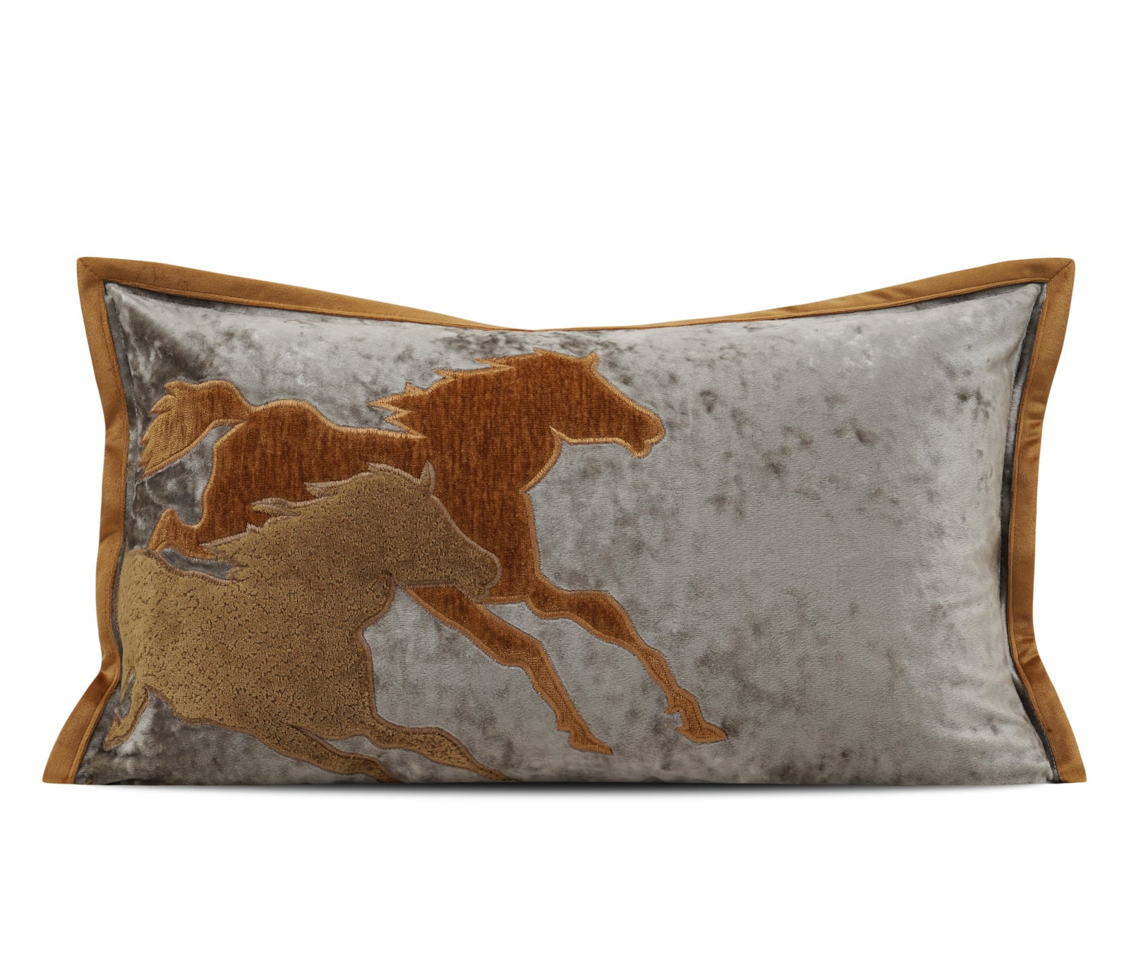 A rectangular decorative throw pillow with a gray velvet-like textured surface featuring two embroidered brown horses, finished with a gold-brown piped border. The brand logo 'YXIBY' is visible at the bottom of the image.