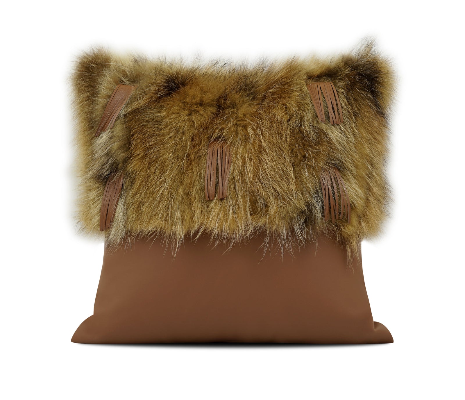 A square decorative throw pillow with a brown faux-leather base and a wide brown fur trim on top, shown on a white background