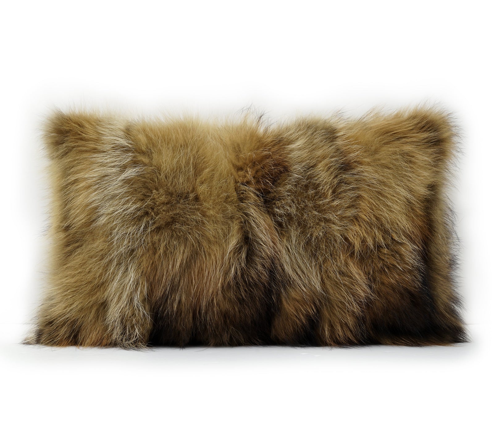 A rectangular fluffy faux-fur or sheepskin-style throw pillow in mixed brown and beige tones, shown against a white background