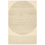 Beige area rug with a circular design on a white background