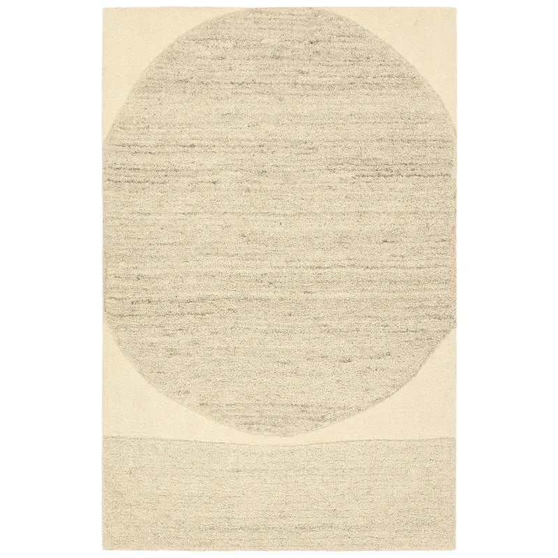 Beige area rug with a circular design on a white background