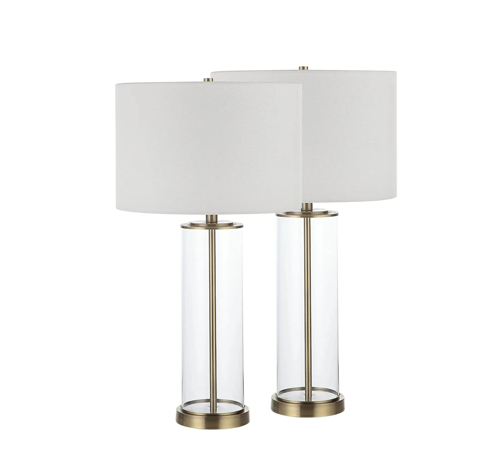 Two table lamps with clear glass bases and gold-colored metal hardware, paired with white lampshades.