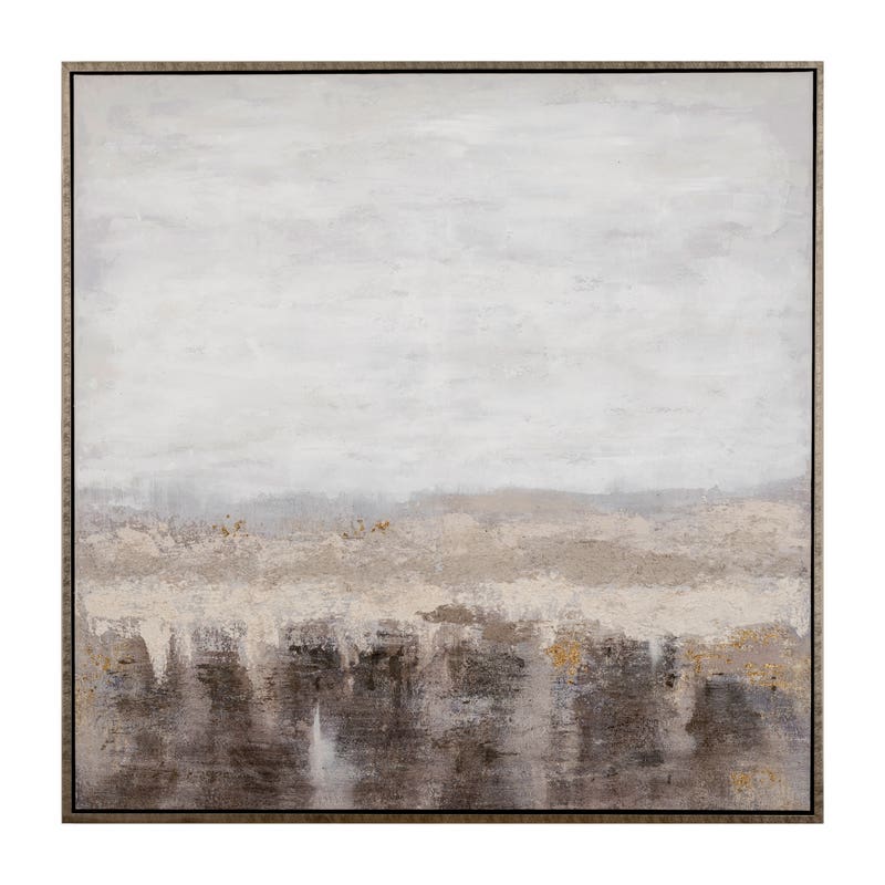 Hand-painted abstract canvas in gray and beige tones with a wooden frame.