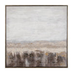 Hand-painted abstract canvas in gray and beige tones with a wooden frame.