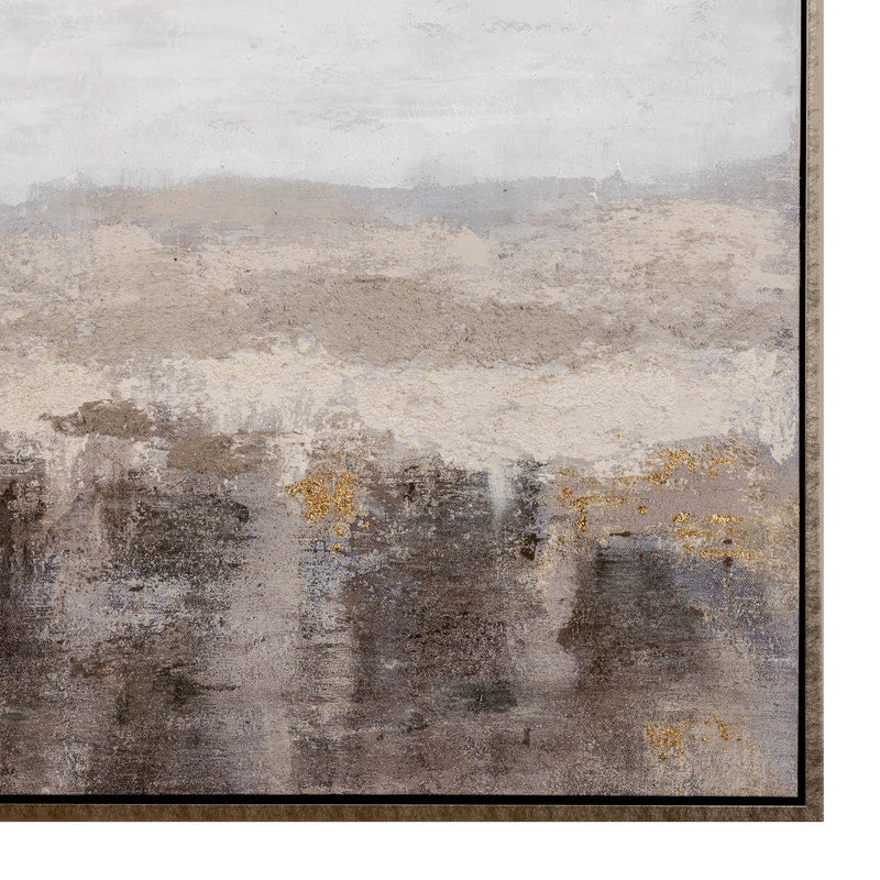 Hand-painted abstract canvas in gray and beige tones with a wooden frame.