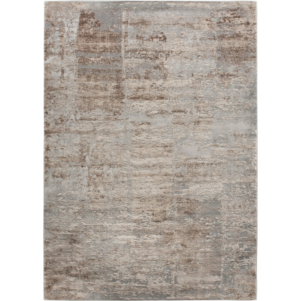 Textured area rug with a neutral color palette on a white background