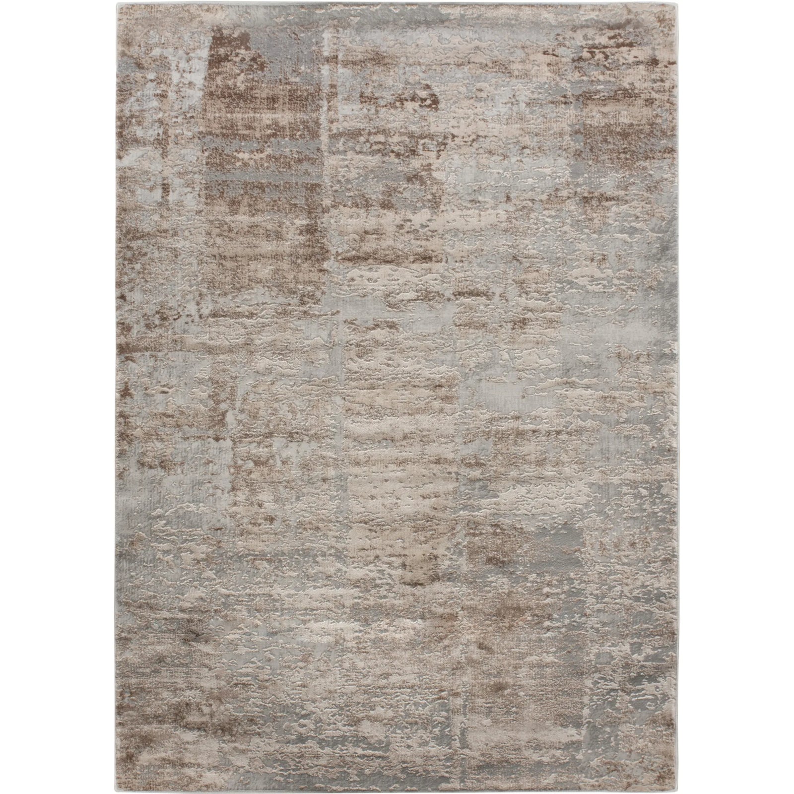 Textured area rug with a neutral color palette on a white background
