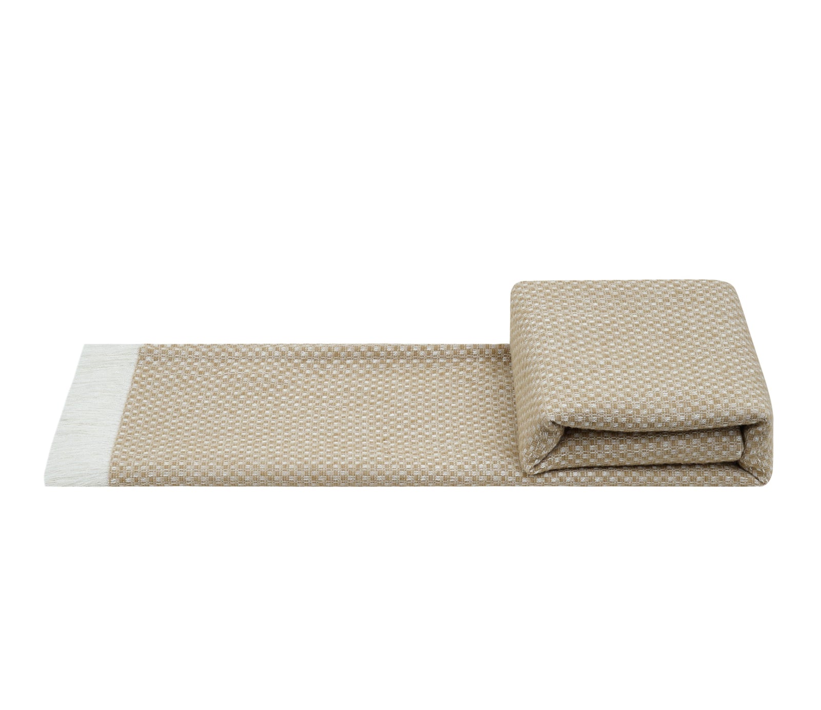 A folded woven throw blanket in a beige and white basketweave pattern with white fringe on one end, displayed on a clean white background with a YMIBY brand logo at the bottom.