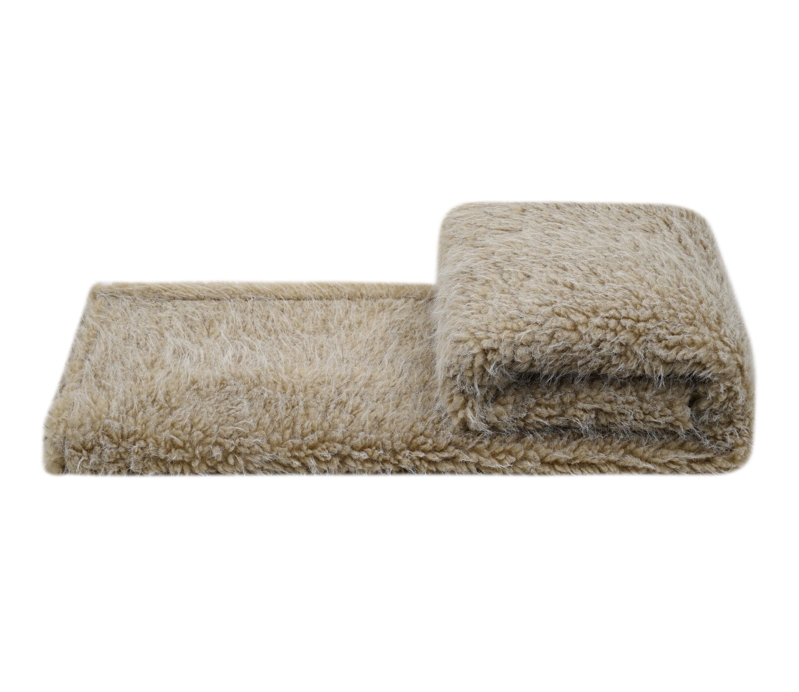 A beige plush bath towel, folded to show its soft, textured surface, presented on a white background with a brand watermark at the bottom.