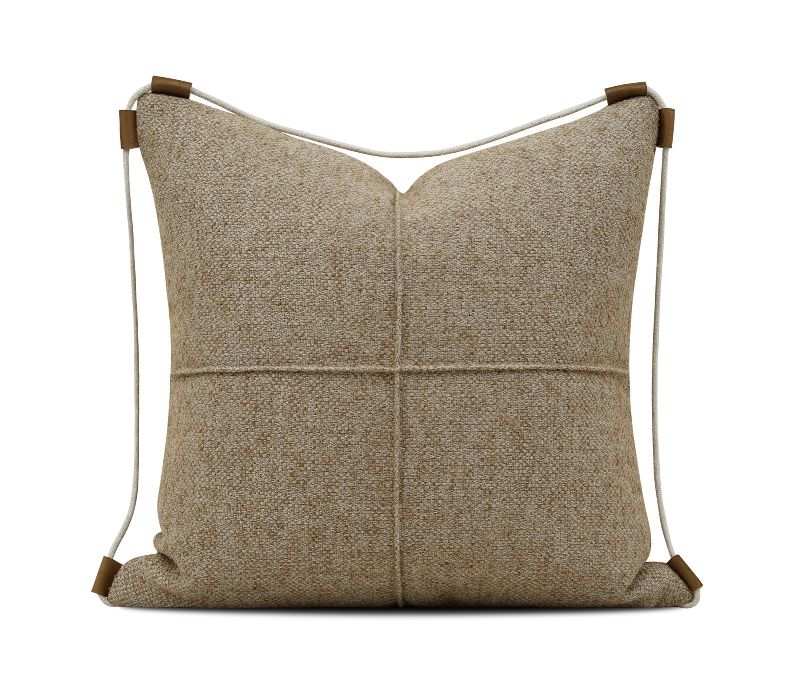 A square beige woven throw pillow with a central vertical seam and a four-quadrant grid design, featuring white drawstrings with brown leather-like end caps, shown on a white background 