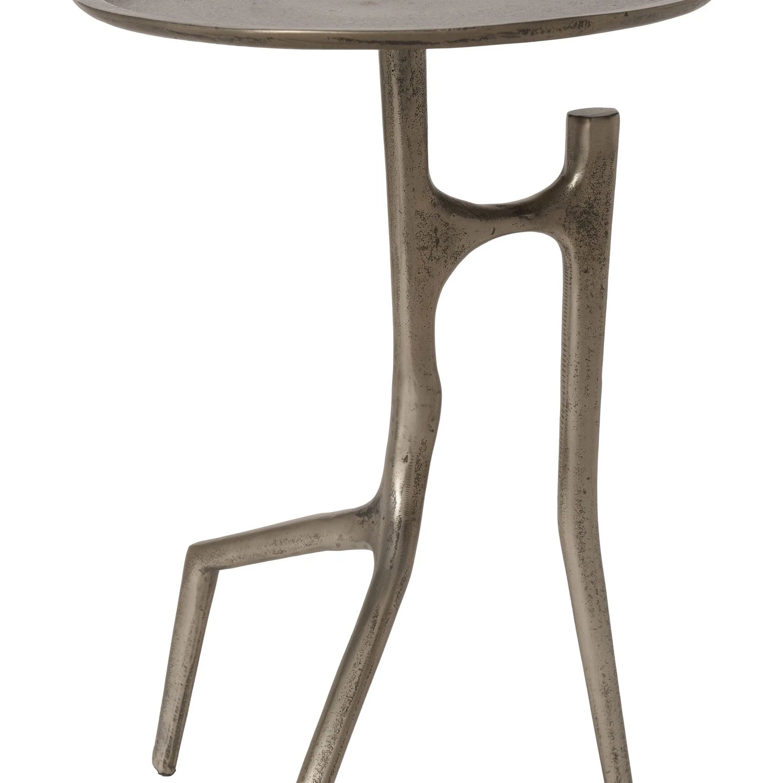 Side table with unique metal legs on a white background