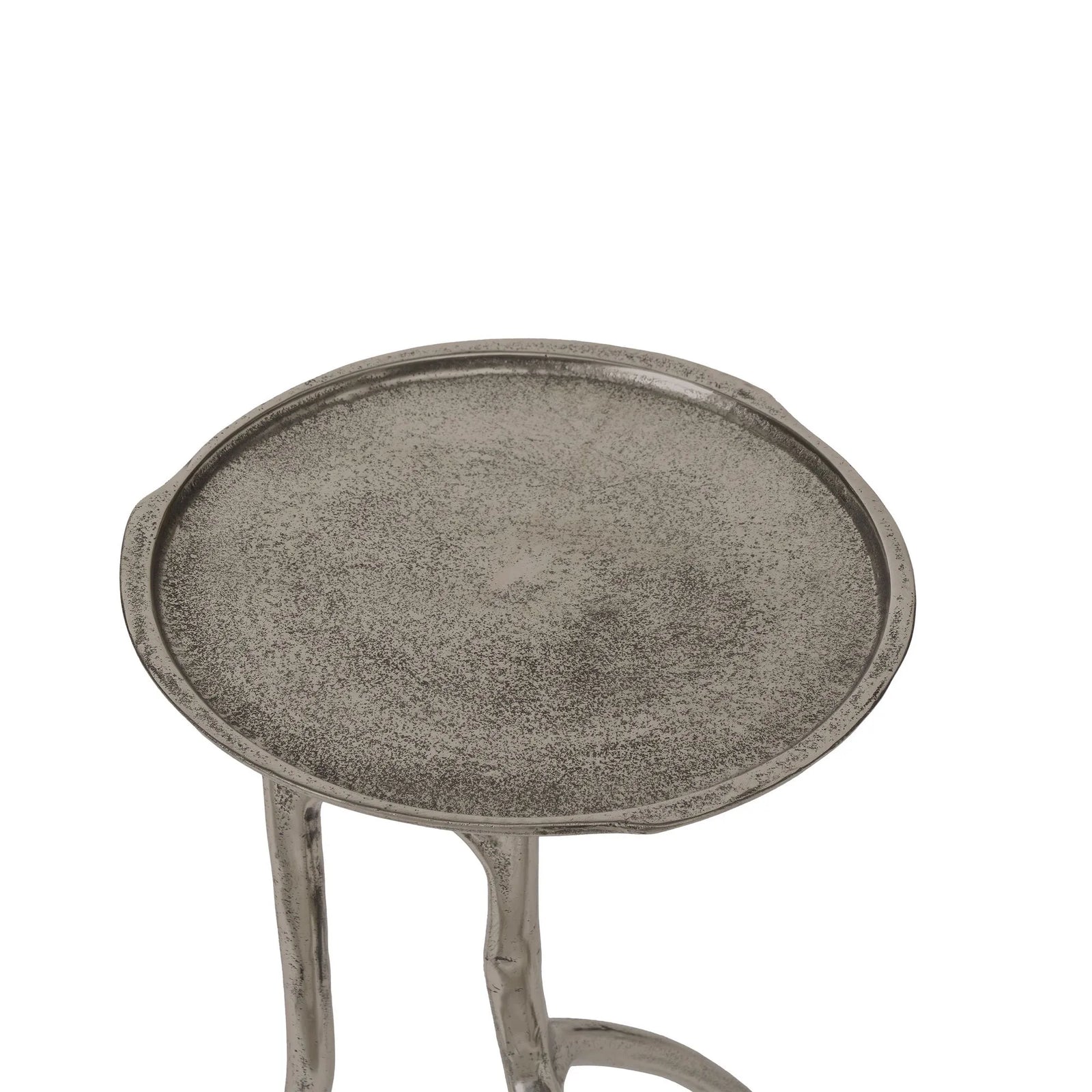 Round metal side table on a white background