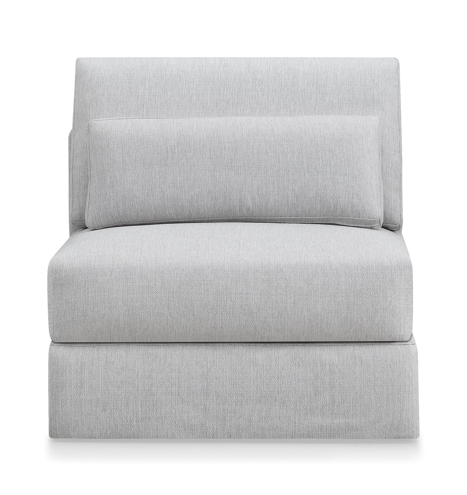 A gray fabric armless chair with a cushion, isolated on a white background.