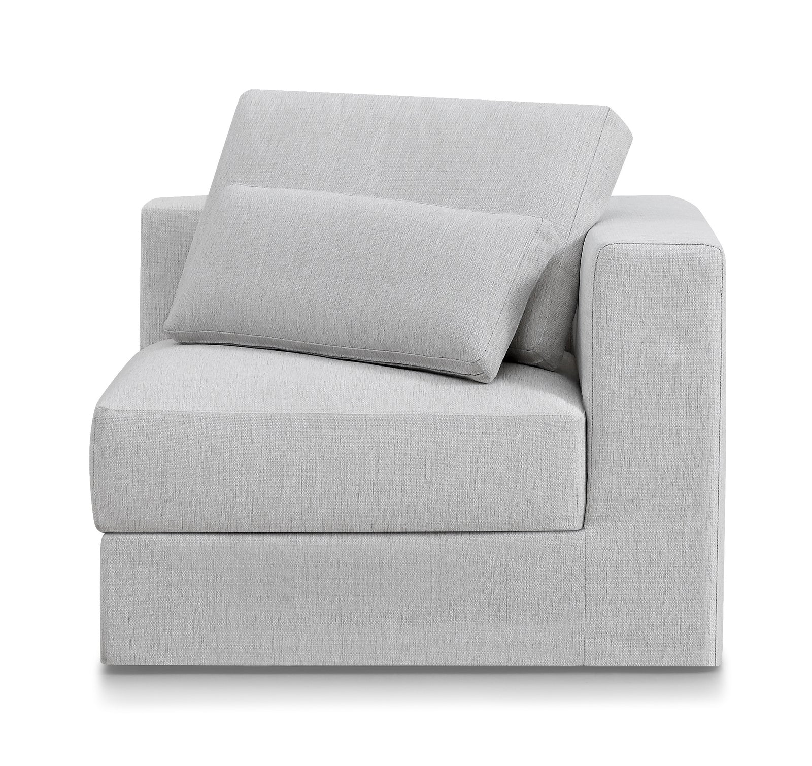A gray fabric corner sofa with a cushion on it.
