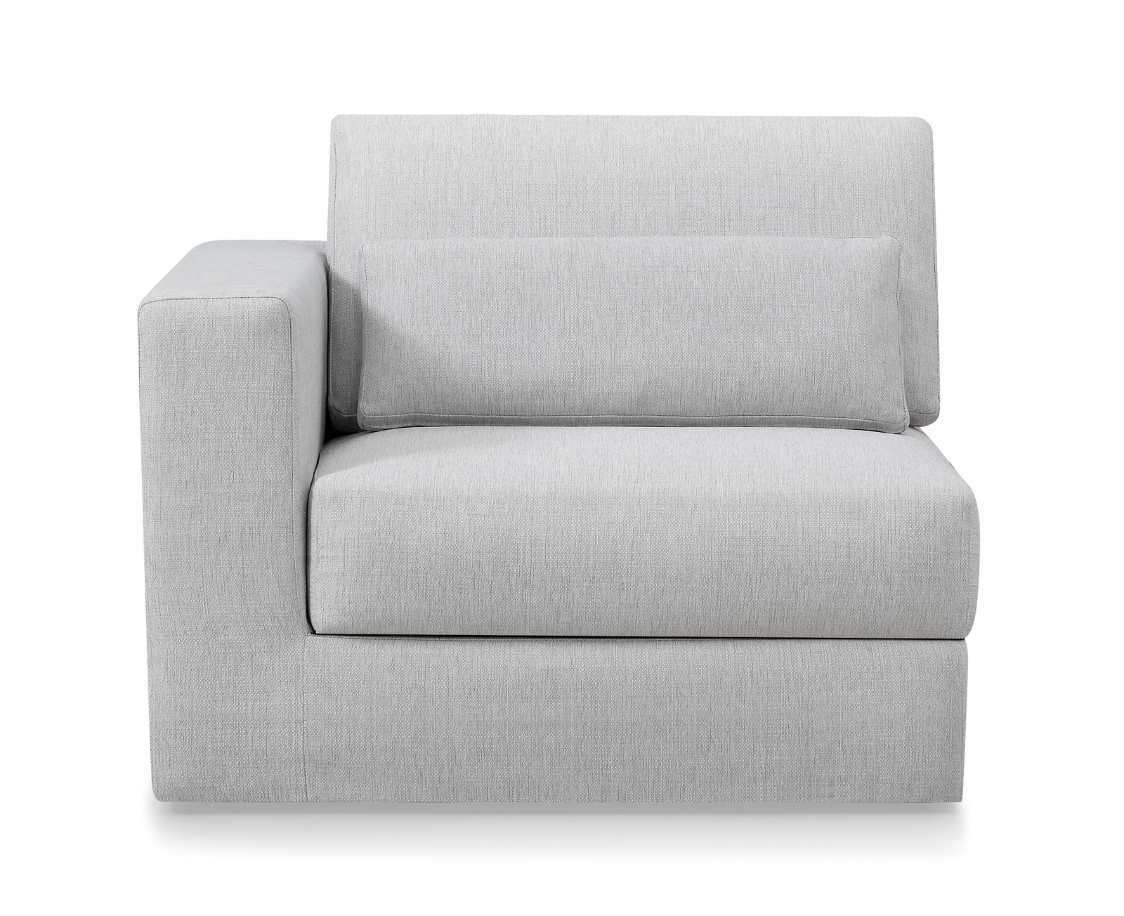 A gray fabric right armchair with a contemporary design, showing a single seat cushion and a backrest.