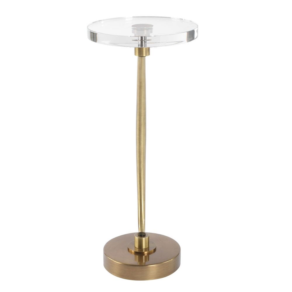 Clear glass top side table with gold metal base on a white background