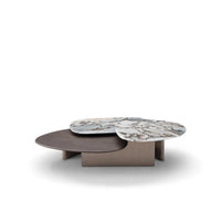 Modern coffee table with marble top and wooden base on a white background