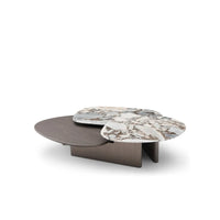 Modern coffee table with marble top and wooden base on a white background
