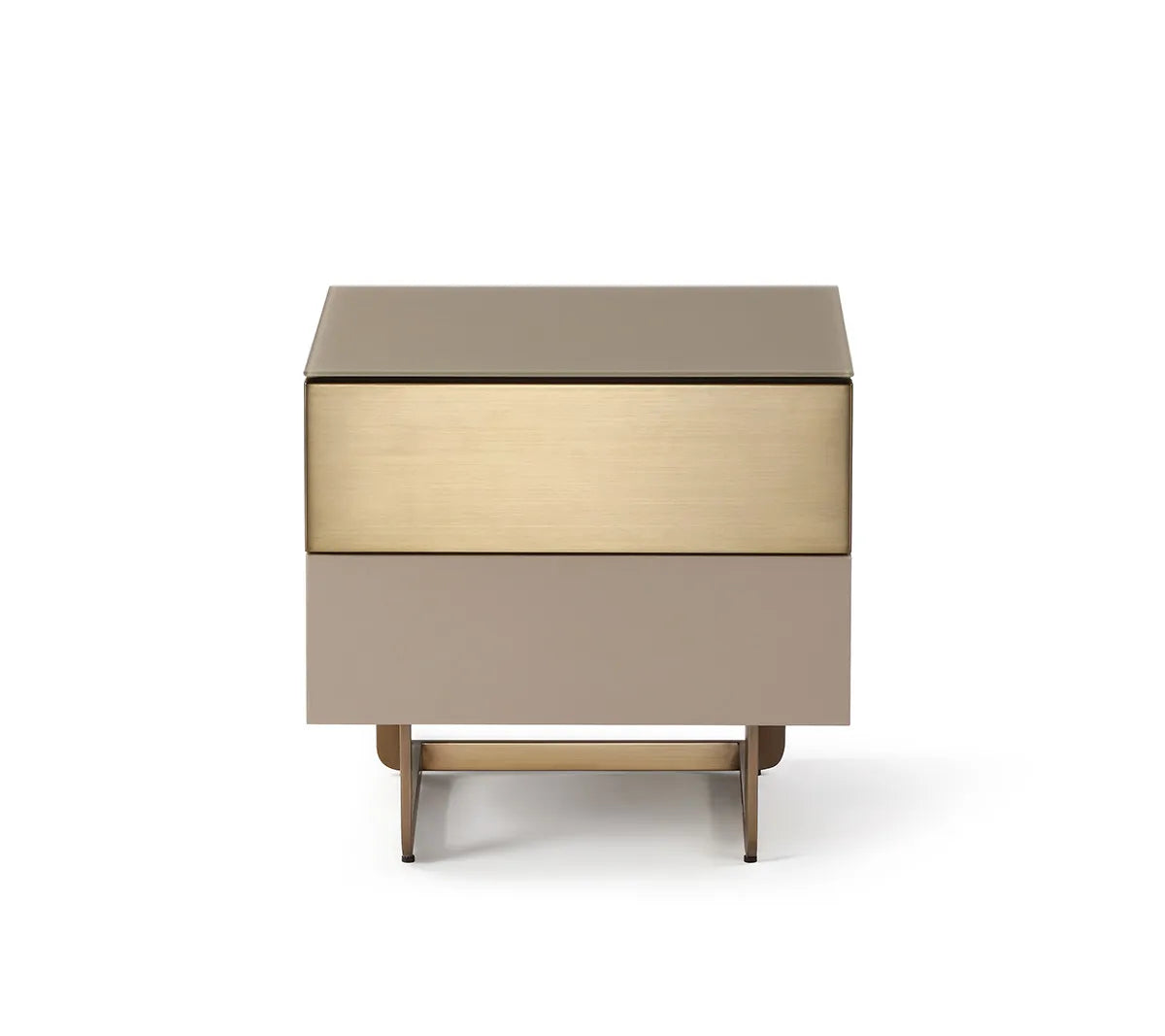 Two-toned nightstand with beige and gold finish on a white background