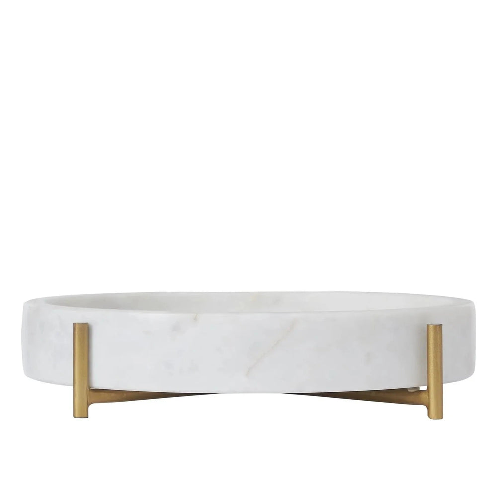 Round marble coffee table with gold legs on a white background