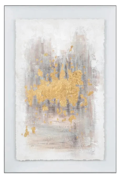 Acrylic wall art featuring an abstract design with gold, gray, and white colors.