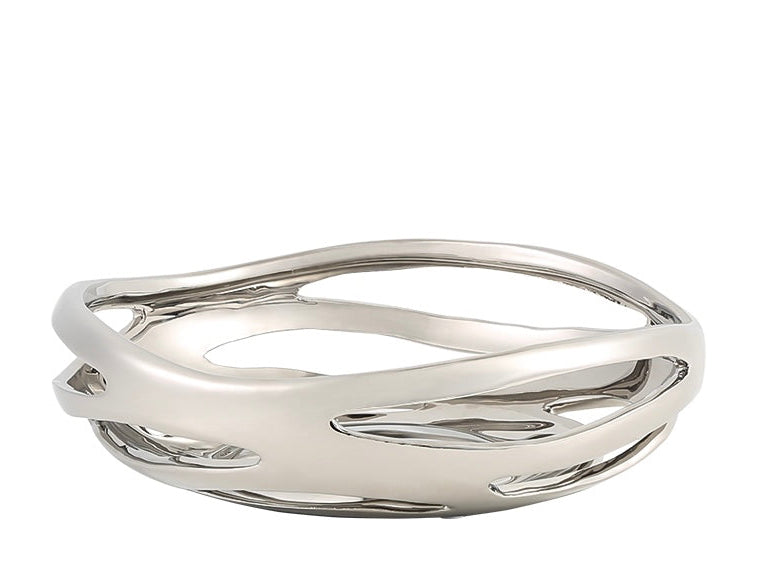 A silver porcelain tray with a smooth, curved surface and a shiny finish.