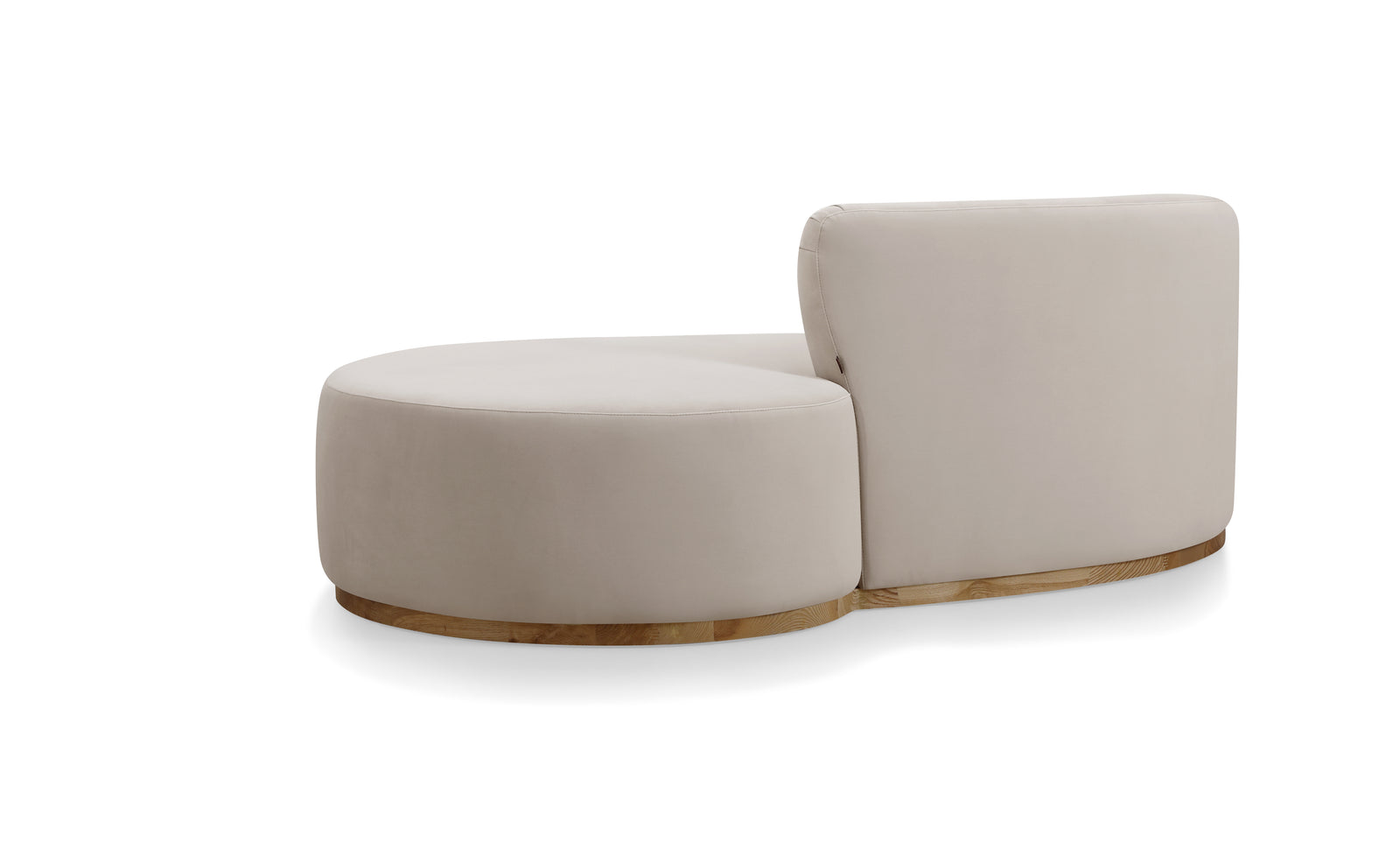A beige curved sofa with a modern design, featuring a deep seat and a smooth, continuous curve.
