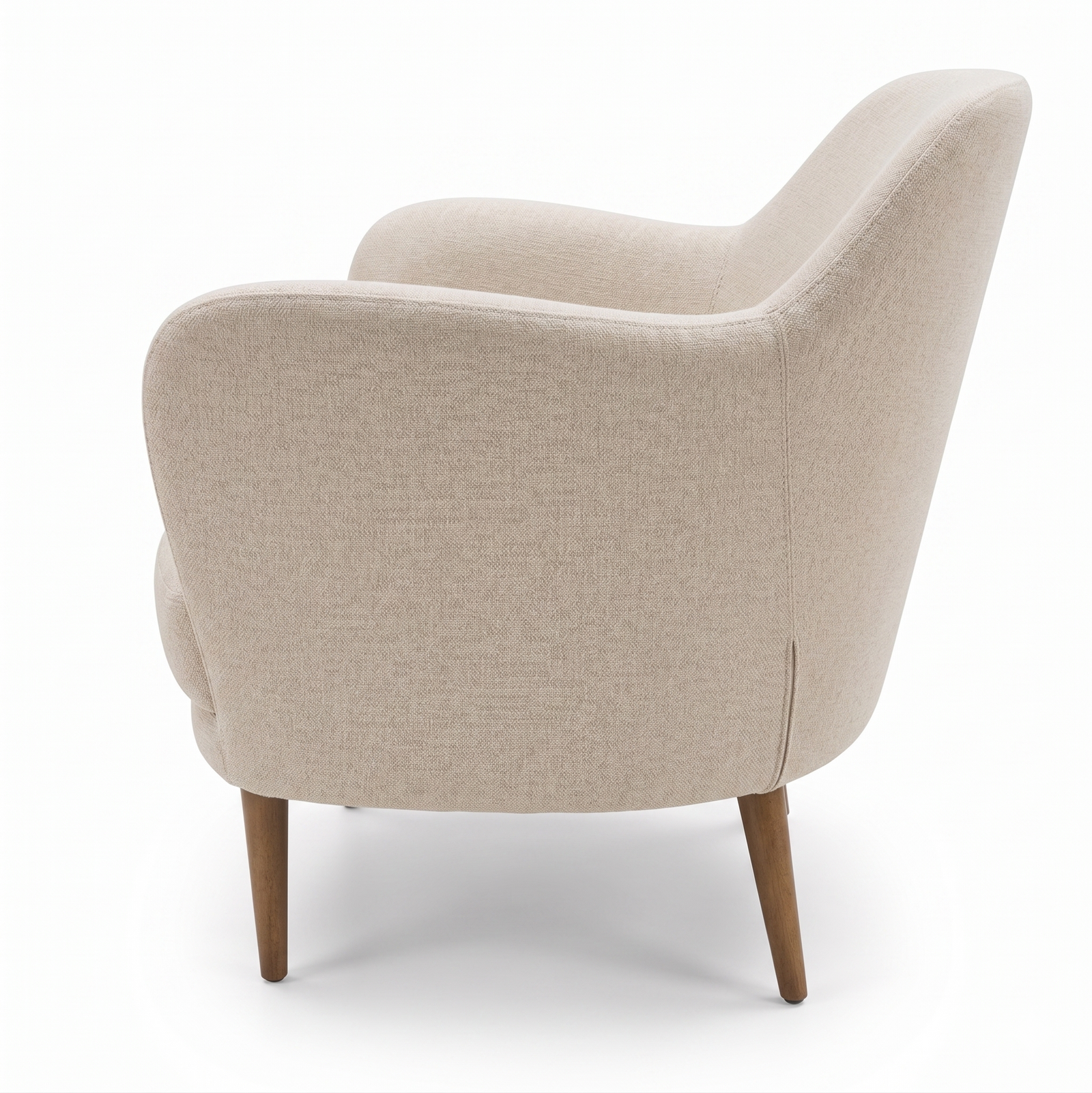 Beige armchair with wooden legs on a white background