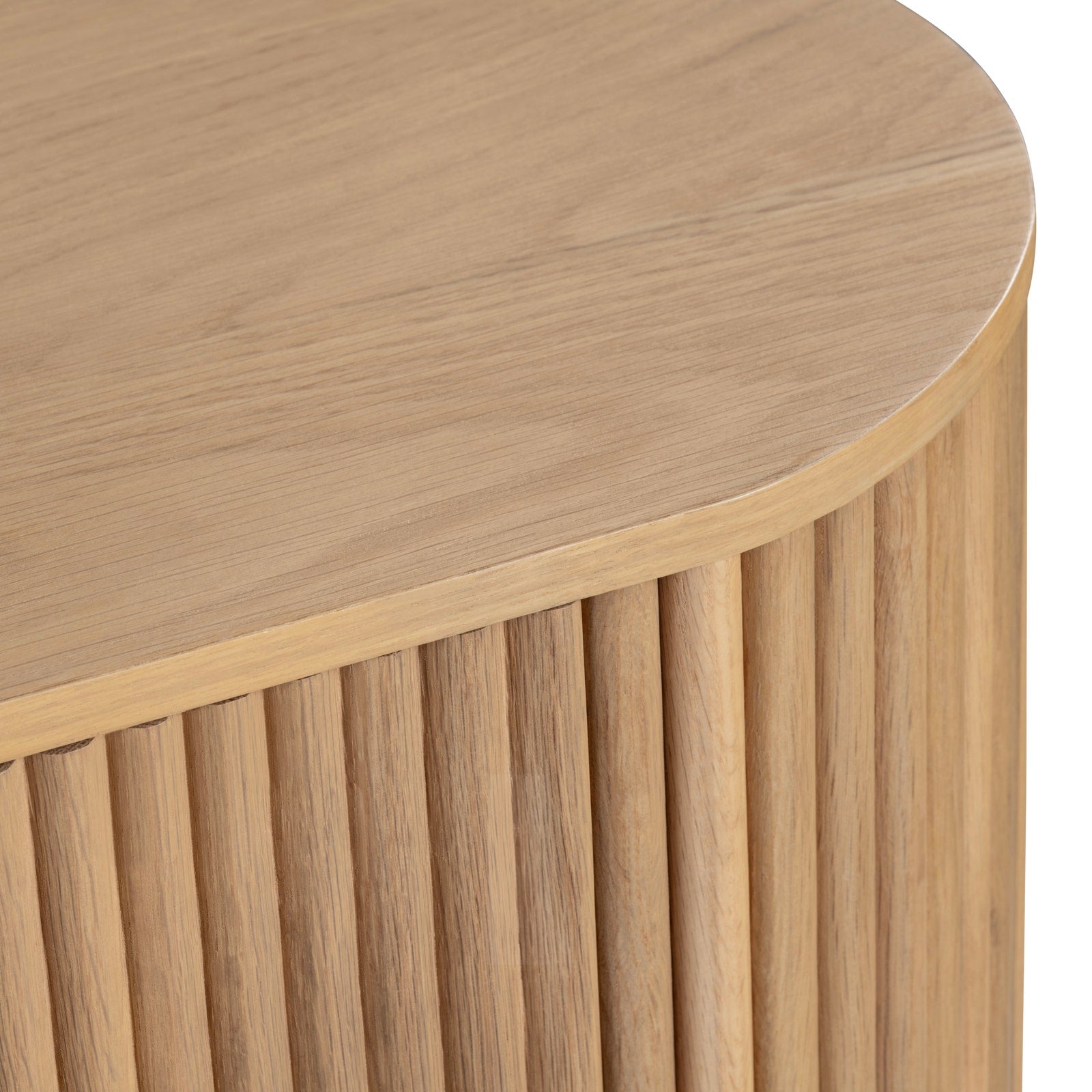 Wooden side table with slatted design on a white background