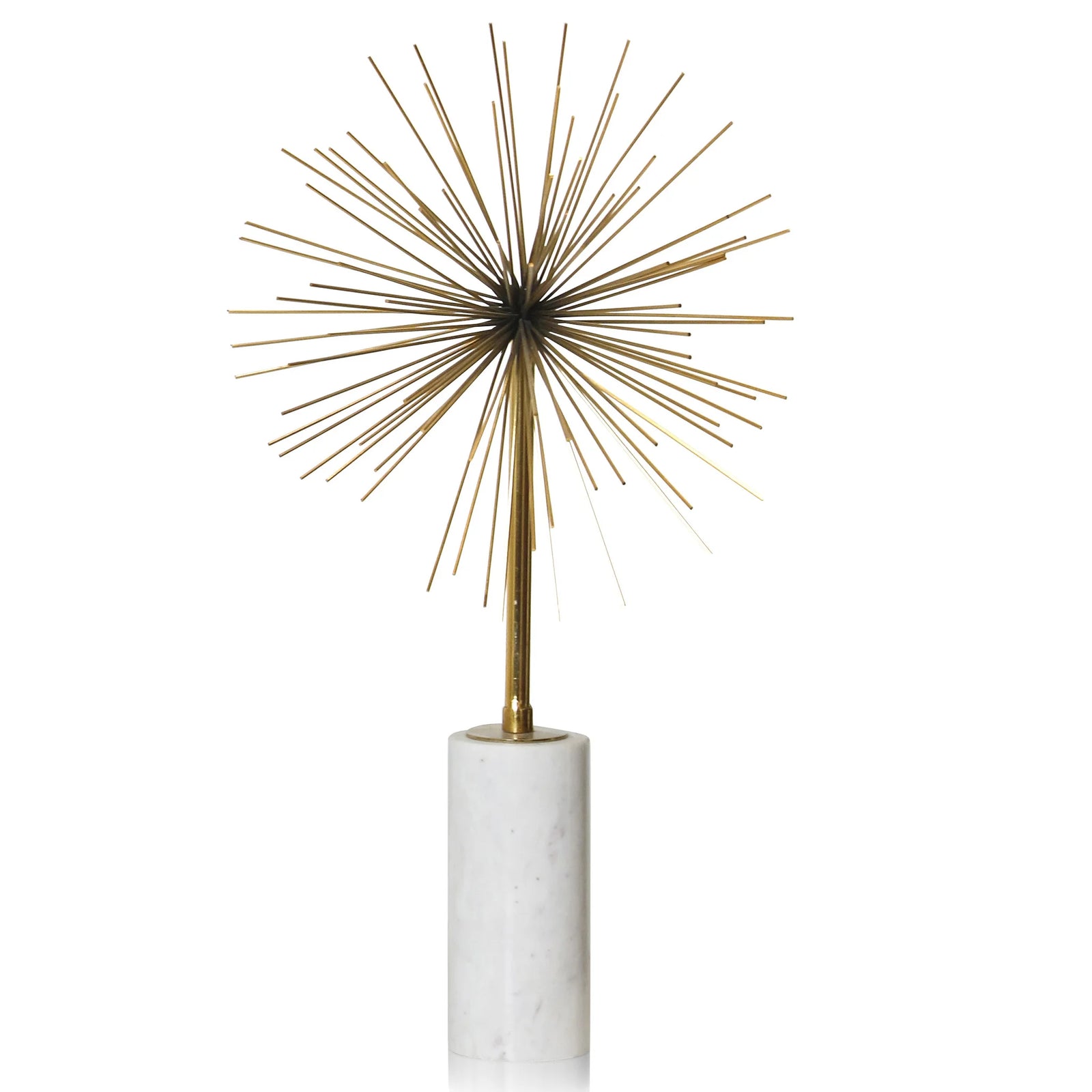 Decorative gold spike sculpture on a white cylindrical base against a white background
