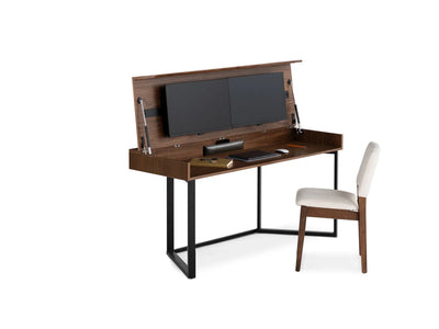 Wooden computer desk with two monitors, keyboard, and chair on a white background