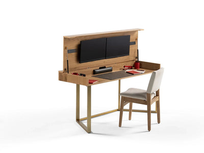 Wooden desk with built-in computer setup and chair on a white background