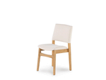 Stack of wooden chairs with white seats on a white background