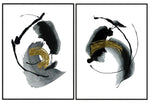 Two canvas paintings with abstract black and gold designs, set side by side.