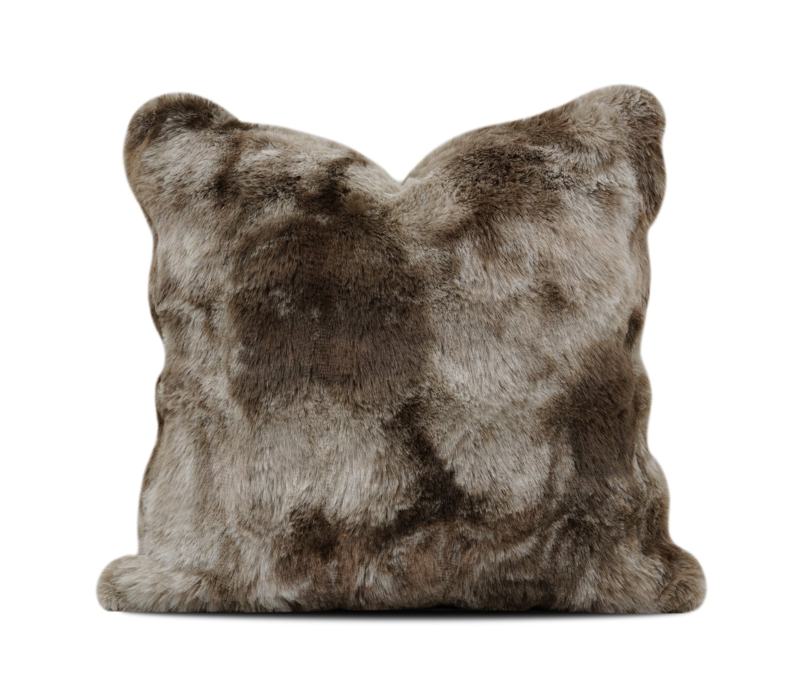 A square faux fur throw pillow in a mottled brown and gray colorway, shown against a plain white background 