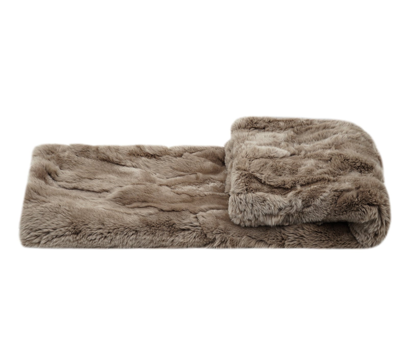 A folded faux fur blanket in a warm taupe-brown color, displayed on a clean white background