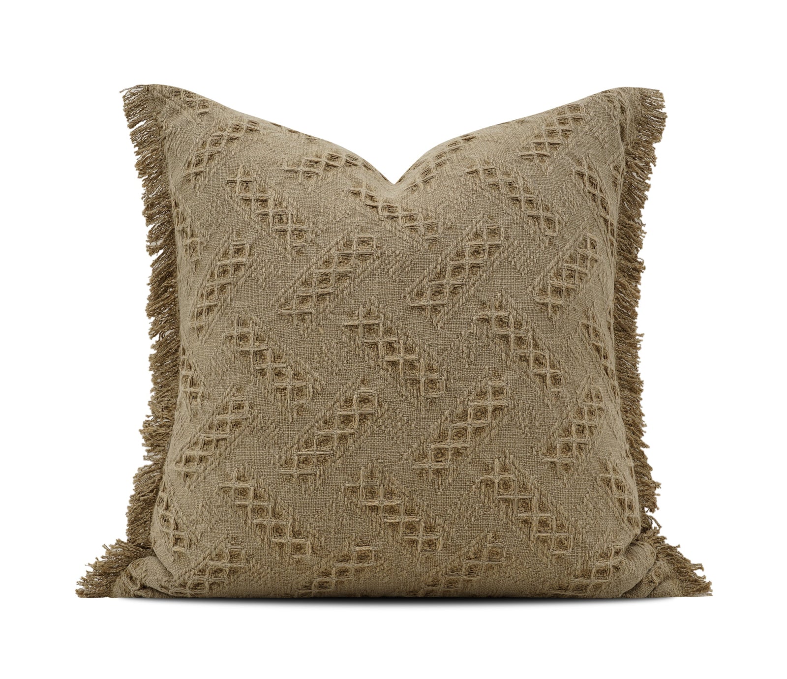 A square beige throw pillow with a textured geometric diamond pattern and fringed edges, shown against a white background 