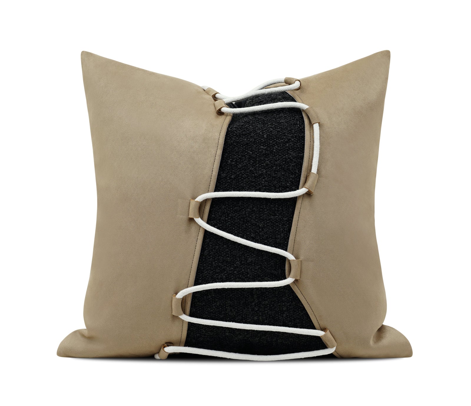 A square decorative throw pillow in beige faux leather with a central black fabric panel and white laces running vertically, shown on a white background