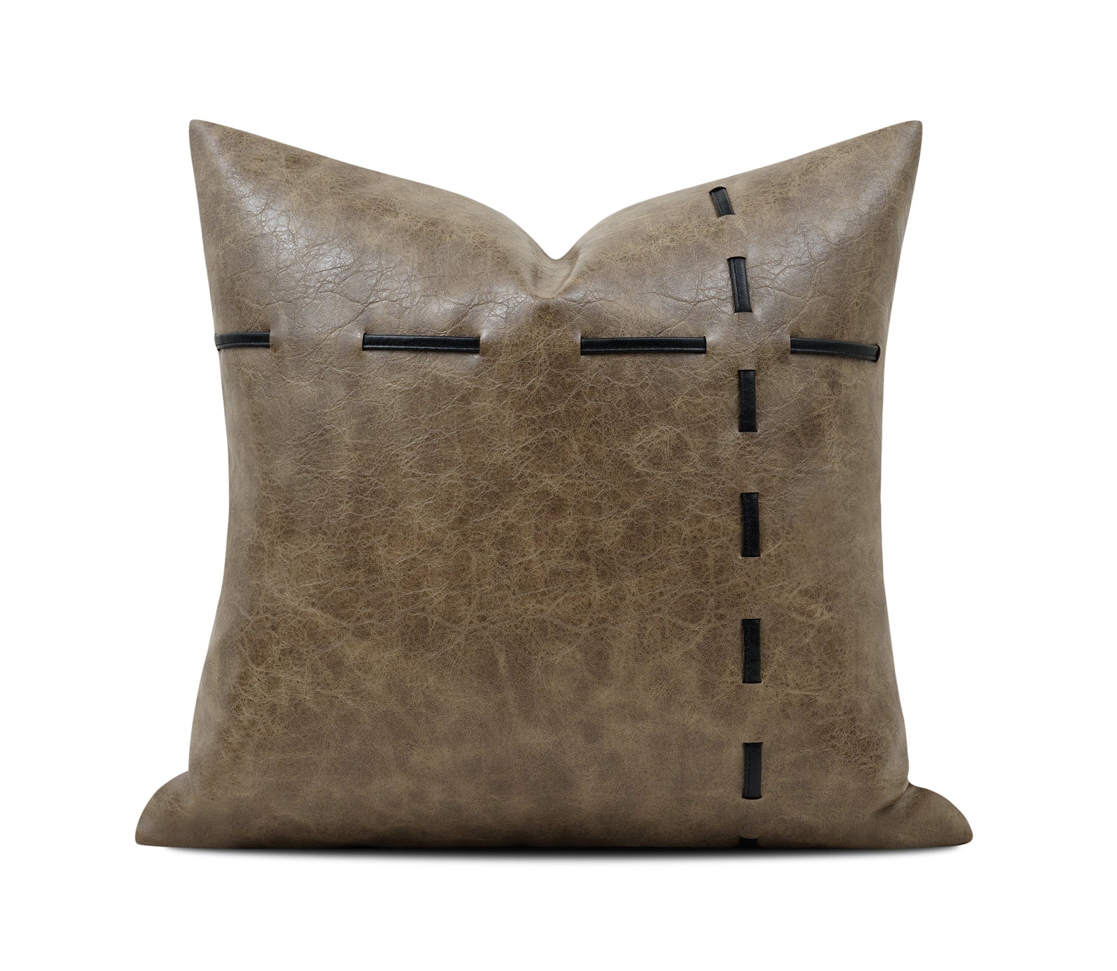 A square brown faux-leather throw pillow with black stitched details, shown on a white background