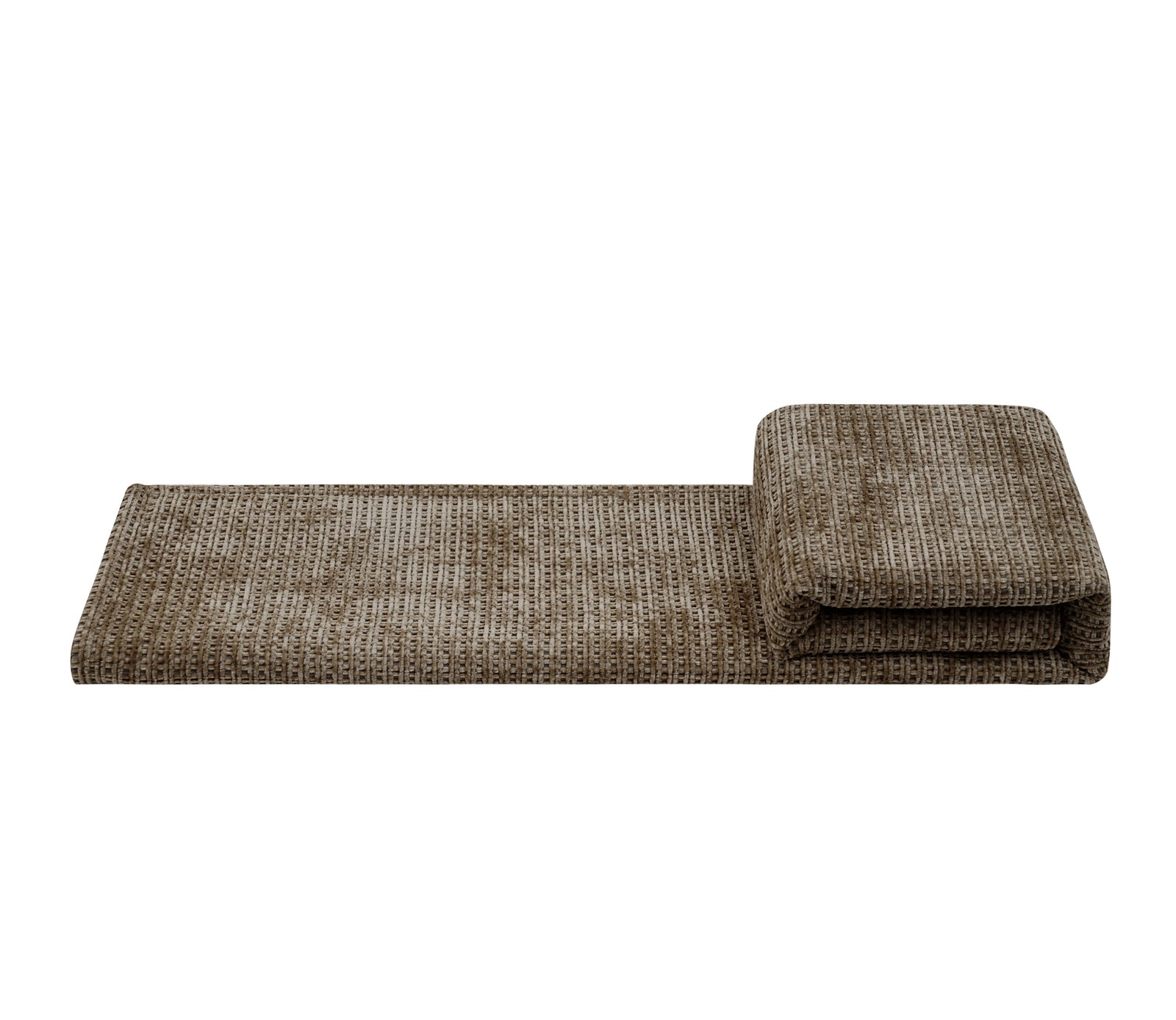 A brown textured woven fabric mat or runner, partially unrolled with a folded section on top, shown against a plain white background