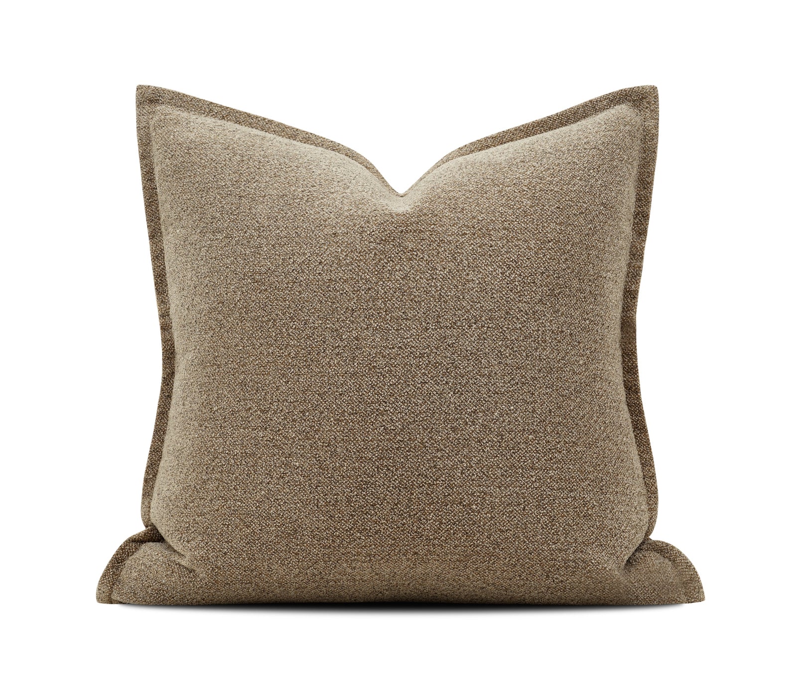 A square throw pillow in a textured taupe-brown fabric with a subtle V-shaped dimple at the top center, shown on a white background 
