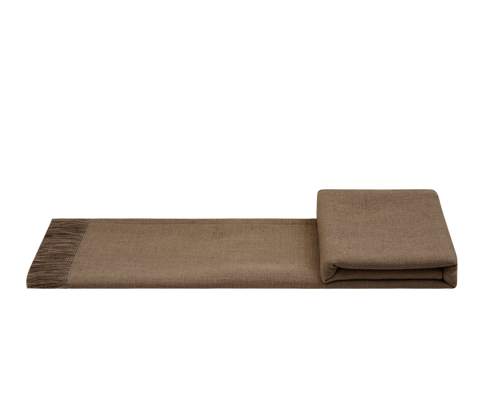 A folded brown woven throw blanket with fringe on one end, displayed horizontally against a white background with a YMIBY brand banner at the bottom.