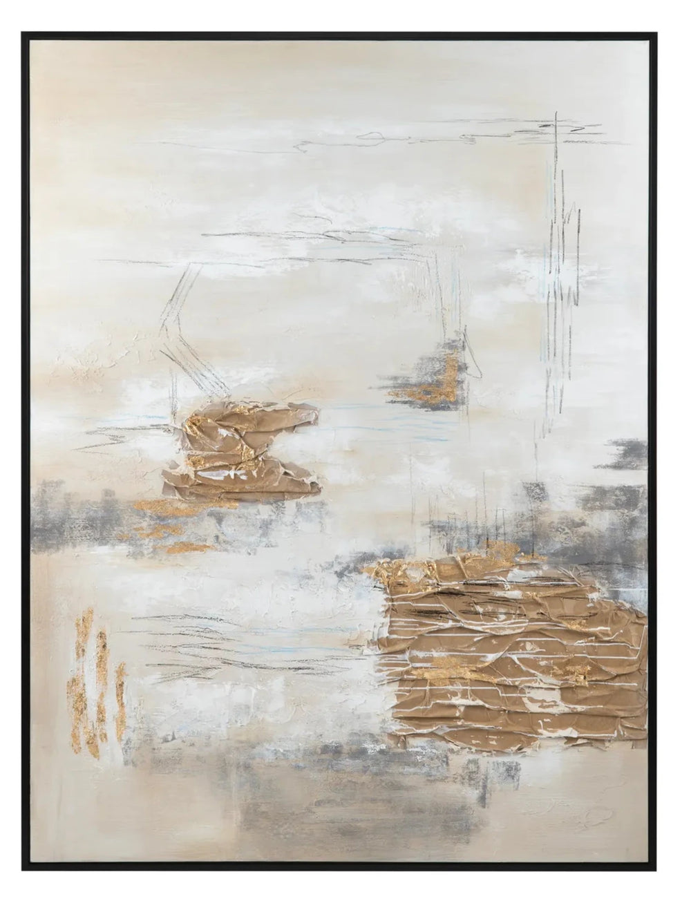 A framed abstract painting featuring various shades of taupe and gold on a canvas, predominantly in neutral tones with textured applications.