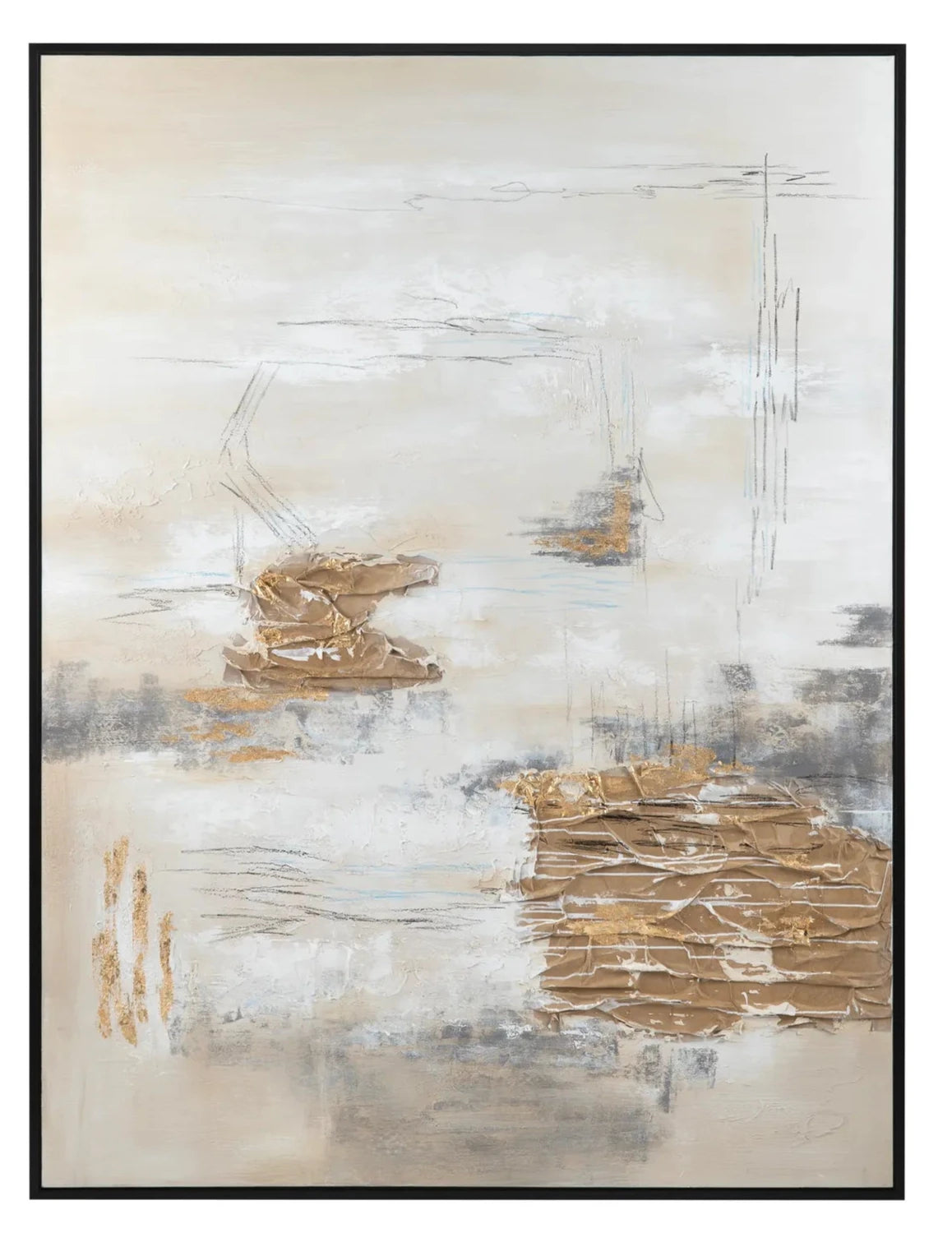A framed abstract painting featuring various shades of taupe and gold on a canvas, predominantly in neutral tones with textured applications.