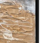 A framed abstract painting featuring various shades of taupe and gold on a canvas, predominantly in neutral tones with textured applications.